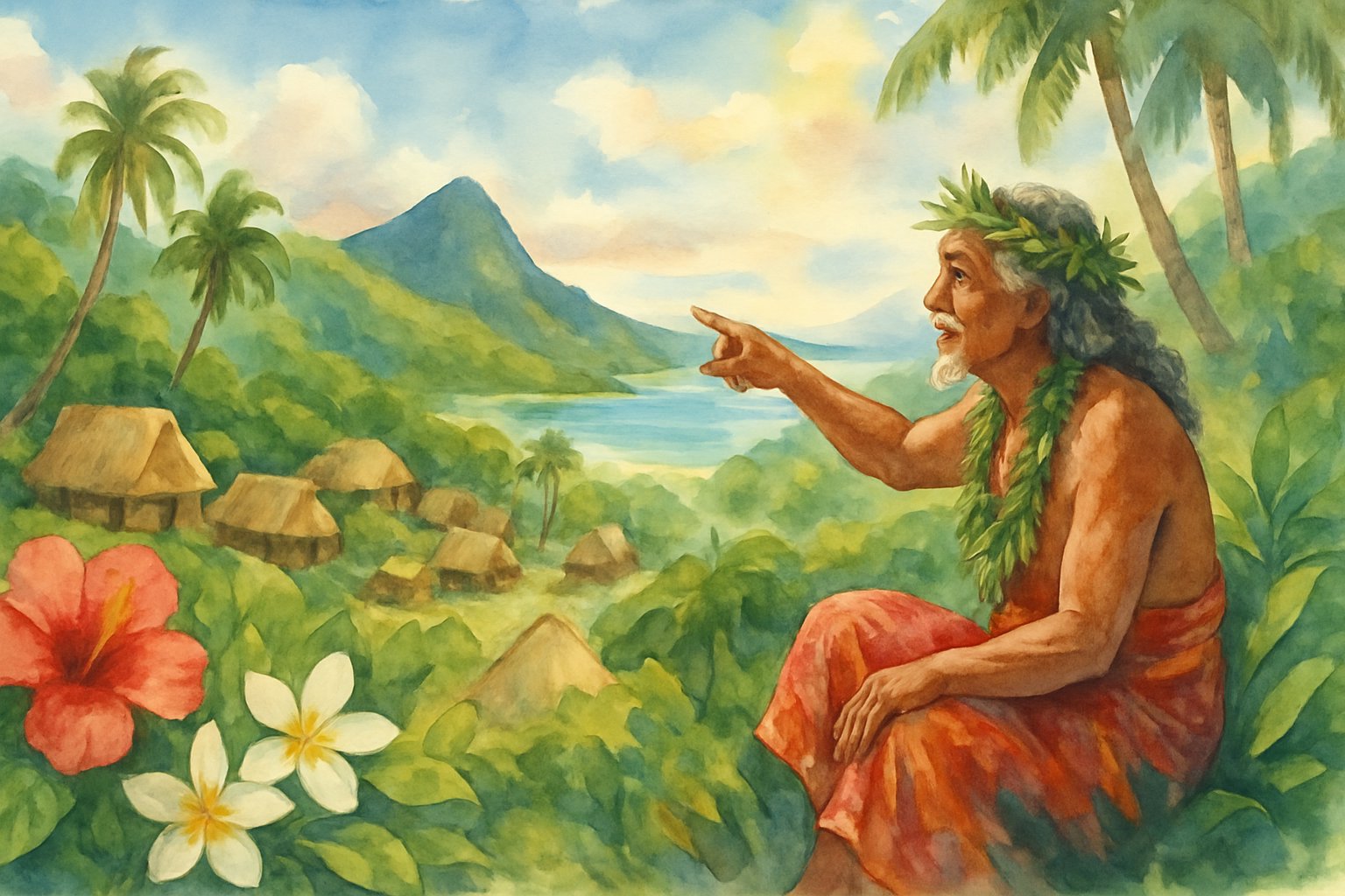 A Hawaiian elder points toward a mountain and coastline in a lush village surrounded by native plants.