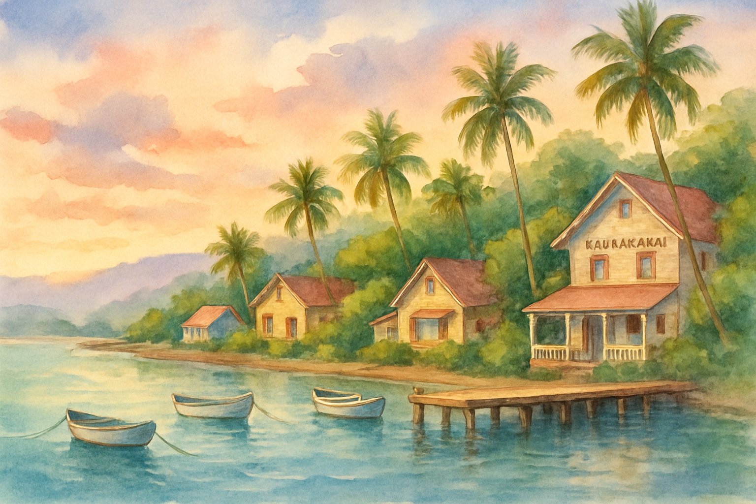 A peaceful coastal village with beachfront cottages, palm trees, calm turquoise water, small boats near a pier, and rolling hills in the background at sunset.