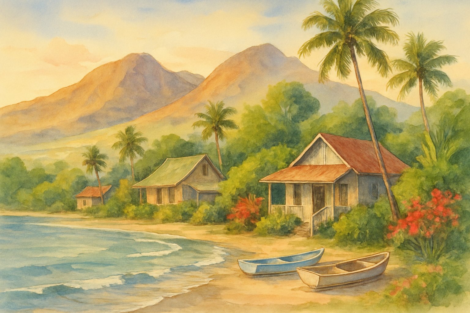 A peaceful coastal village with rustic houses near the shore, surrounded by tropical trees and mountains in the background.