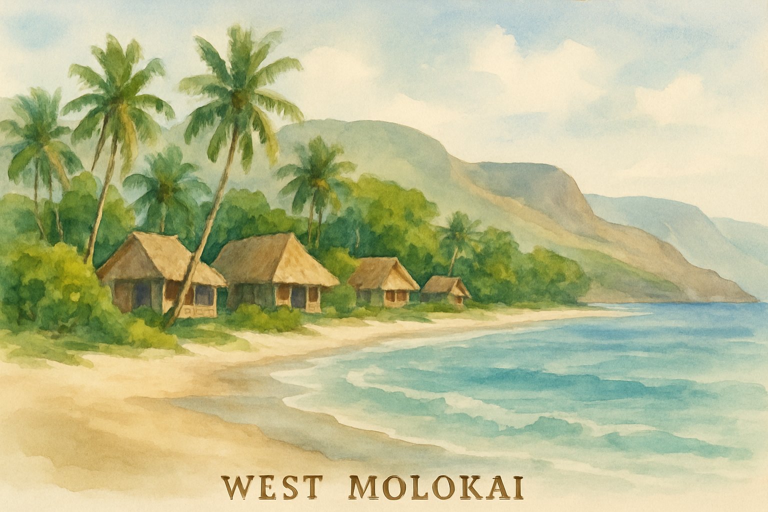 A peaceful coastal scene with turquoise waves, sandy beach, palm trees, hills, and small beachfront cottages.