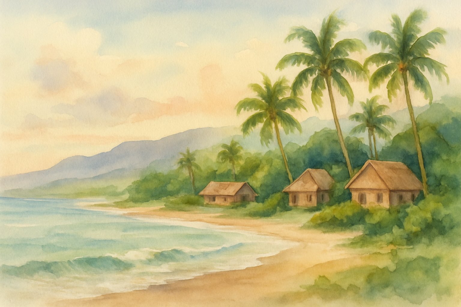 A peaceful coastal scene with small wooden cottages among palm trees by a calm beach, gentle hills in the background, and a soft pastel sky.