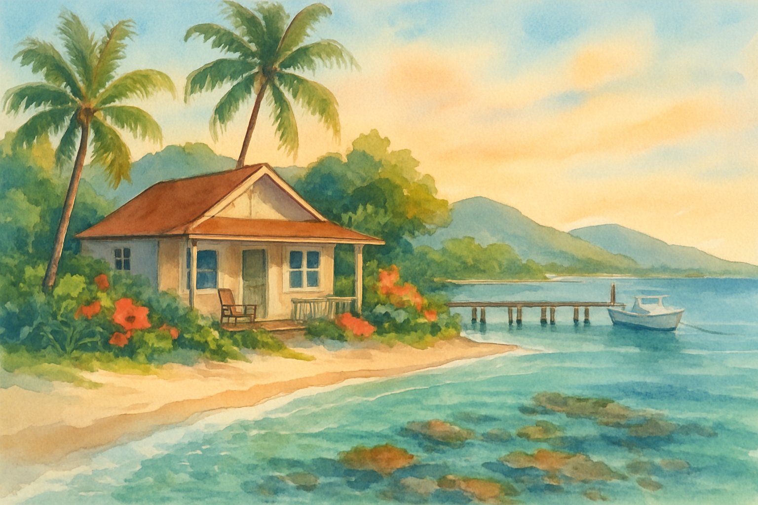 A peaceful beachfront bungalow surrounded by palm trees and tropical flowers, with clear turquoise water and a wooden pier extending into the calm sea under a warm sunrise sky.