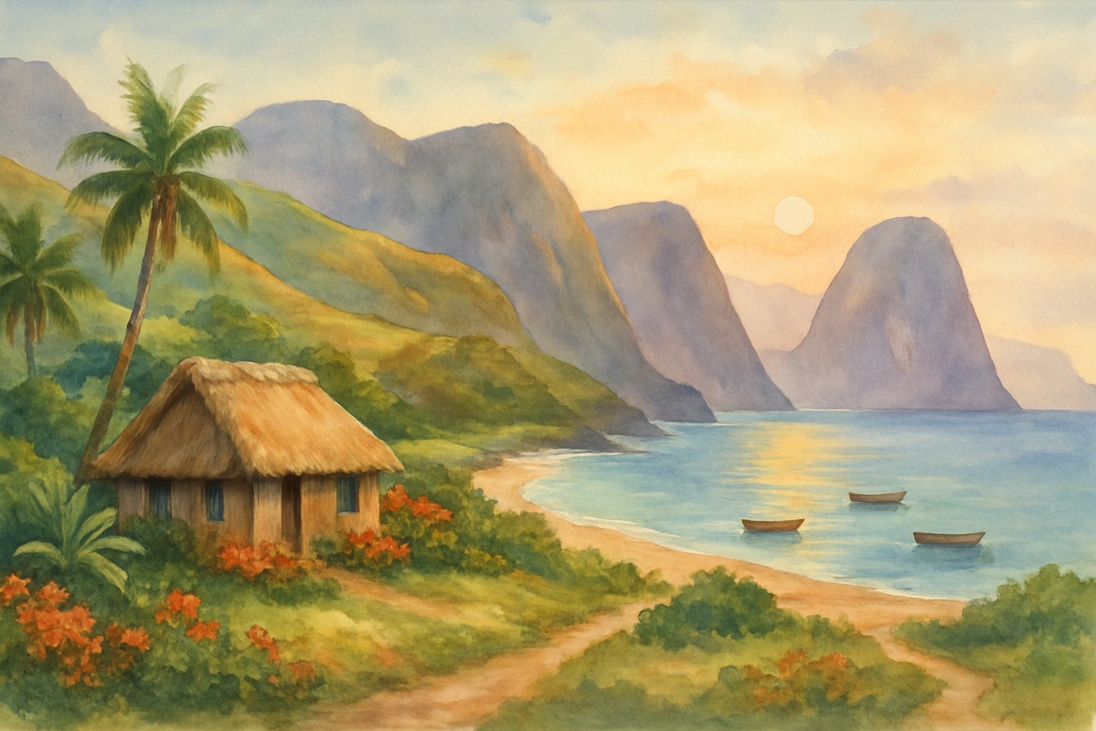 A peaceful beach scene with a small cottage near tropical plants, hills and cliffs in the background, and calm ocean waters under a soft sunset.