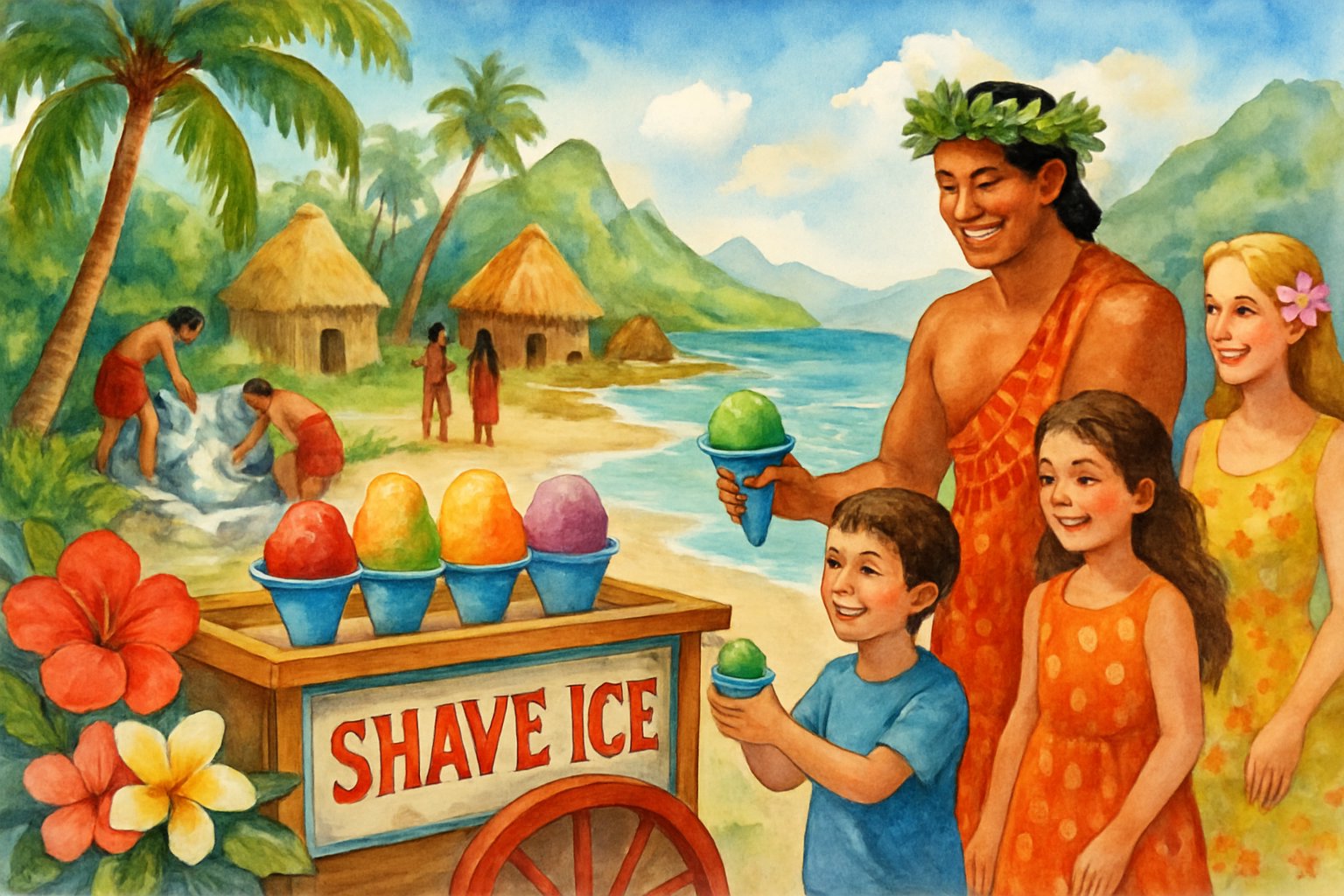 A Hawaiian beach scene with a wooden shave ice cart, people enjoying colorful shaved ice, palm trees, ocean waves, and traditional village huts in the background.