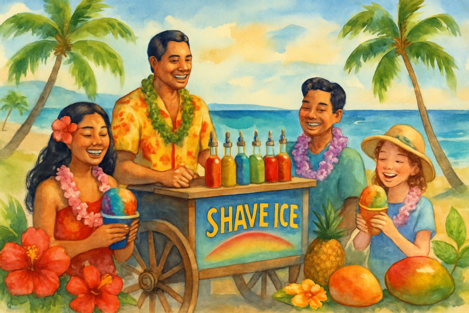 A Hawaiian beach scene with palm trees, a wooden shave ice cart, colorful syrup bottles, and people enjoying shave ice under a sunny sky.