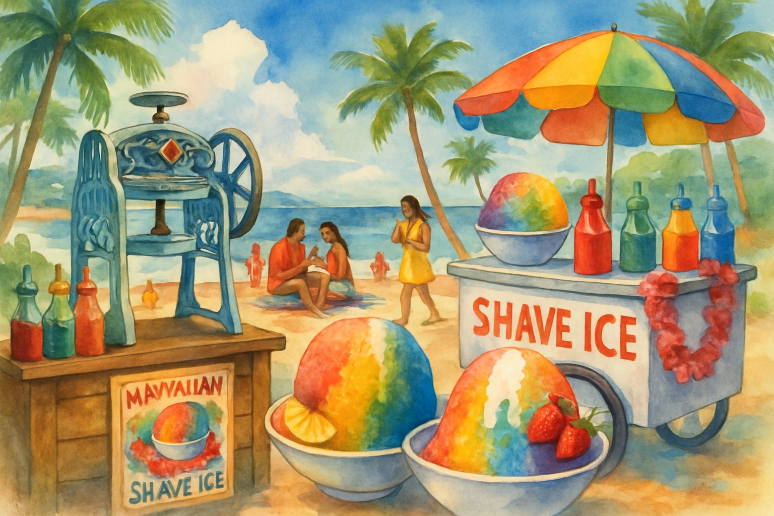 A tropical Hawaiian beach scene showing traditional and modern shave ice stands with colorful bowls of shave ice and people enjoying the treat under palm trees.