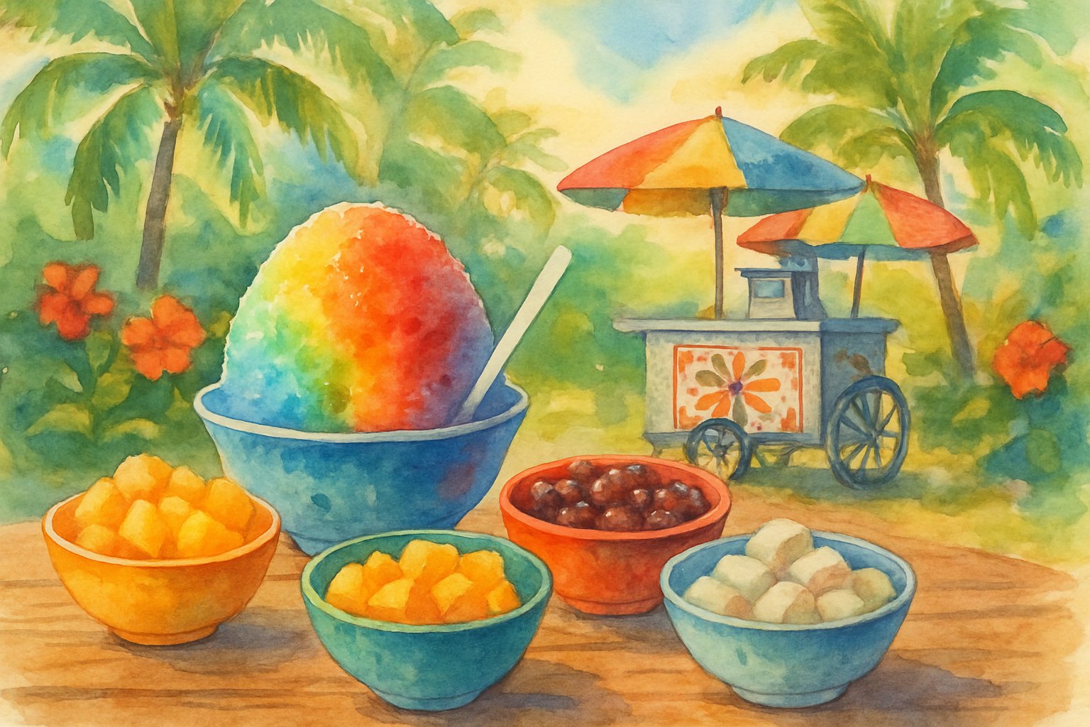 A table with bowls of traditional shave ice toppings and a vintage shave ice cart surrounded by tropical plants and palm trees.