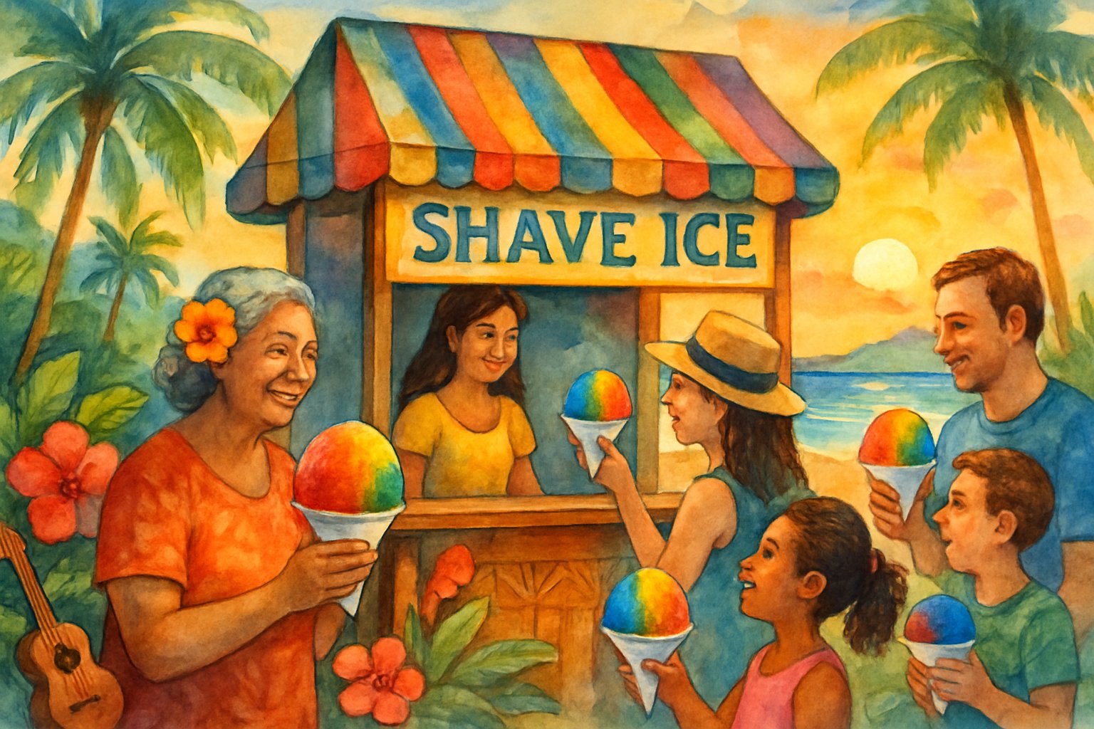 A Hawaiian shave ice stand with people enjoying colorful shave ice cones near a beach with palm trees and flowers.