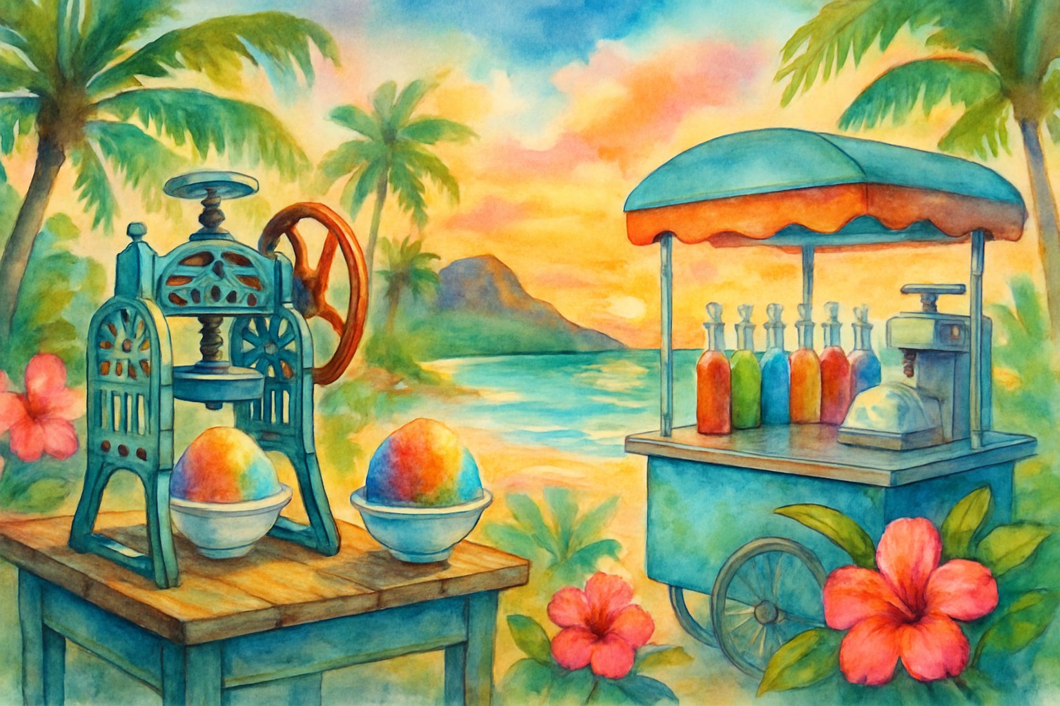 A Hawaiian beach scene showing a traditional shave ice stand and a modern shave ice cart surrounded by tropical plants and a sunset over the ocean.