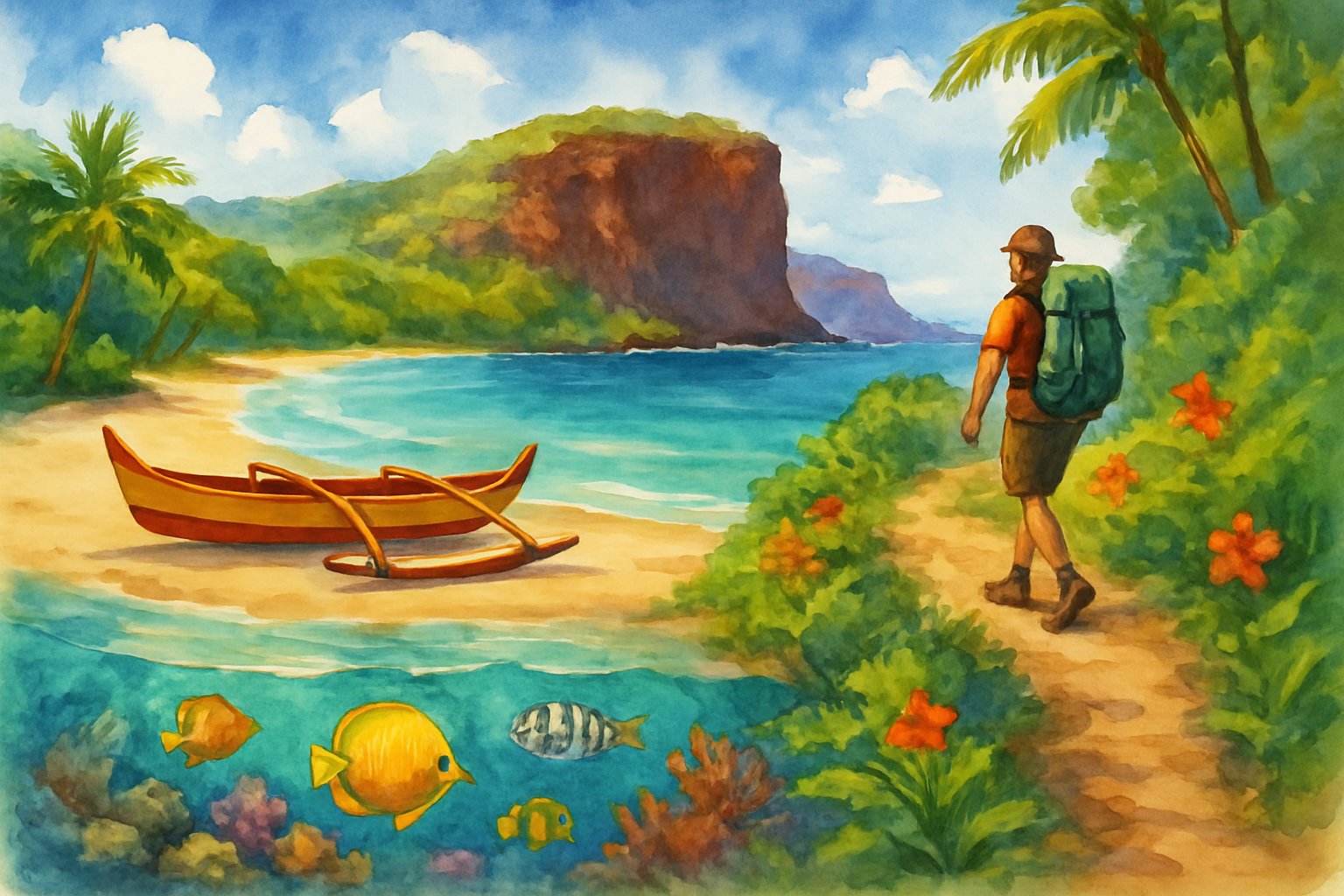 A tropical beach with clear blue water, sandy shore, green cliffs, a canoe on the sand, and a hiker on a trail surrounded by plants.