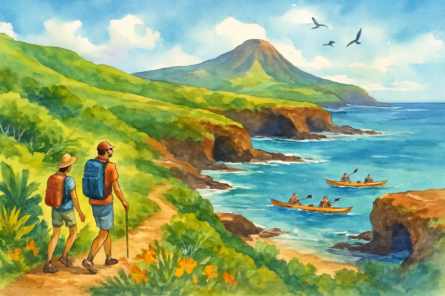 A tropical island landscape with hikers on a trail, kayakers on the ocean near rocky cliffs, and a mountain peak in the distance.