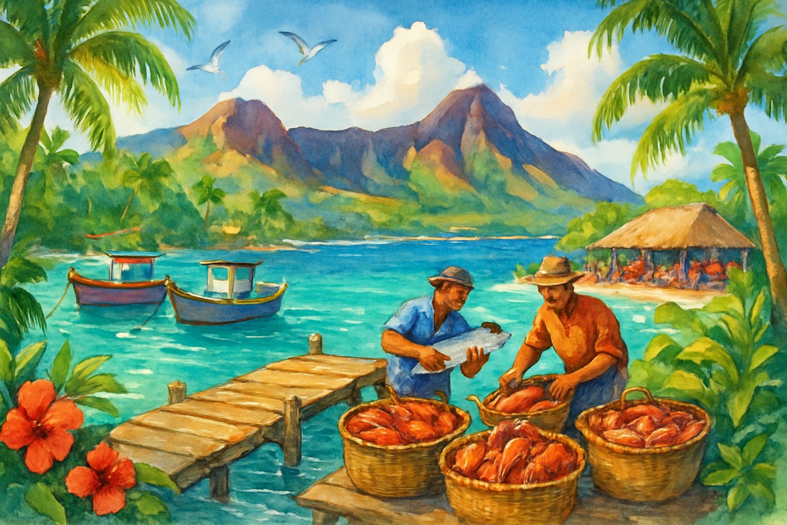 A Hawaiian coastal scene with fishing boats, fishermen unloading seafood, tropical plants, mountains, and a small seafood market by the shore.