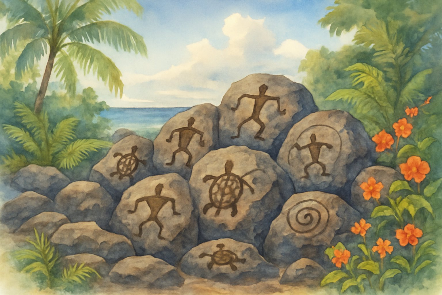 A rocky Hawaiian petroglyph site surrounded by tropical plants and palm trees near the ocean under a partly cloudy sky.