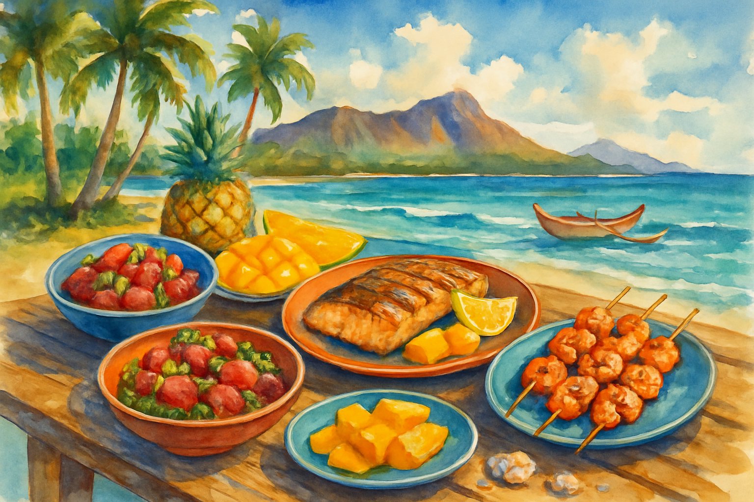 A coastal scene with a table of fresh seafood dishes by the beach, palm trees, ocean waves, and distant mountains.