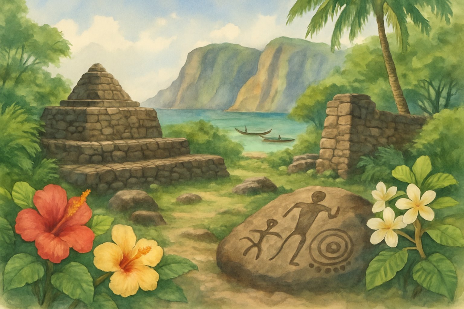 A coastal landscape with ancient stone structures, tropical plants, and canoes near the ocean under a partly cloudy sky.