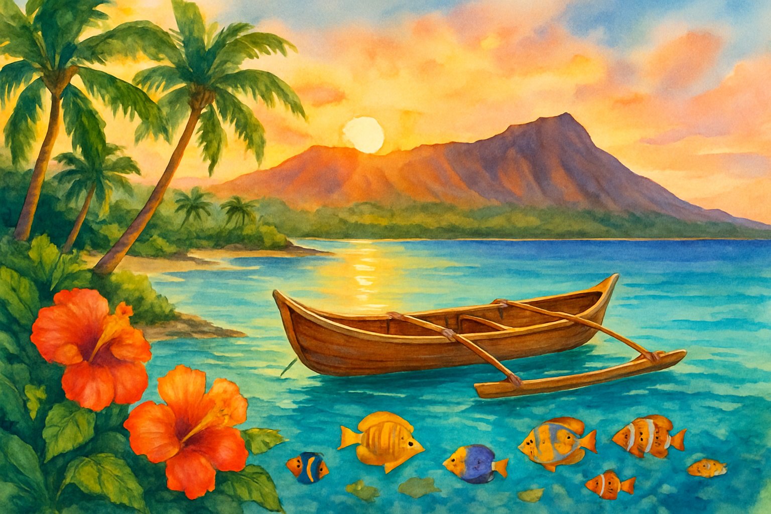 A peaceful Hawaiian coastline with a wooden fishing boat on clear water, tropical fish swimming below, palm trees, flowers, and mountains in the background.