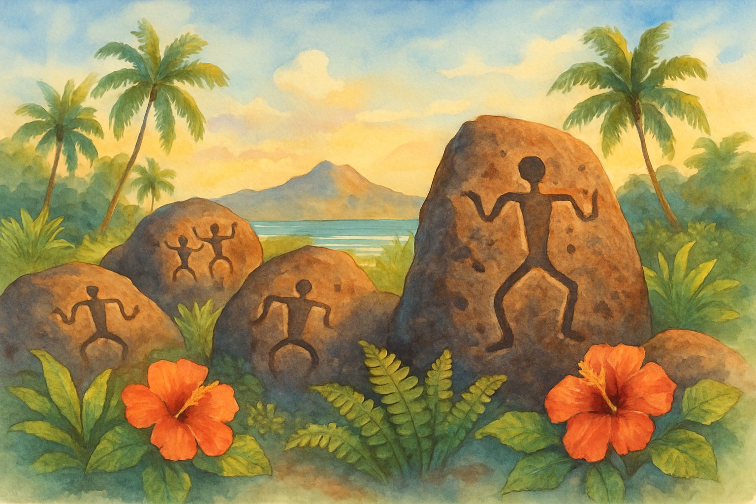 A peaceful Hawaiian landscape showing ancient petroglyphs on volcanic rocks surrounded by tropical plants and palm trees with mountains in the background.