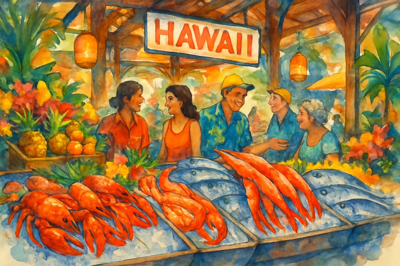 A busy seafood market in Hawaii with fresh fish and shellfish displayed on ice, vendors interacting with customers, and tropical fruits and plants around.