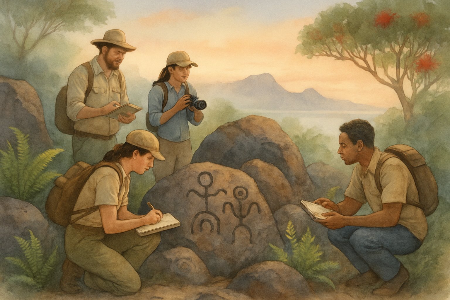 People studying ancient petroglyphs carved into volcanic rocks in a Hawaiian landscape with native plants, mountains, and ocean in the background.