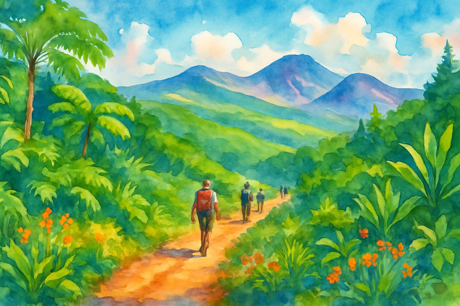 A hiking trail winding through green tropical vegetation with hills and mountains in the background and hikers walking along the path.