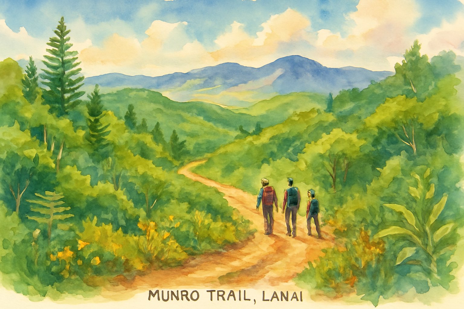 A scenic view of a winding hiking trail surrounded by lush green vegetation and hills with hikers walking along the path.