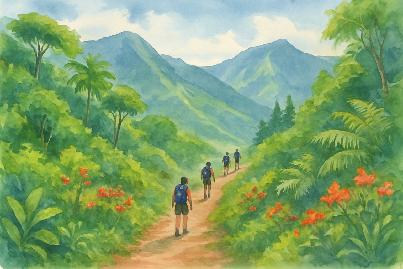 A winding hiking trail through lush green mountains with tropical trees and hikers walking along the path.