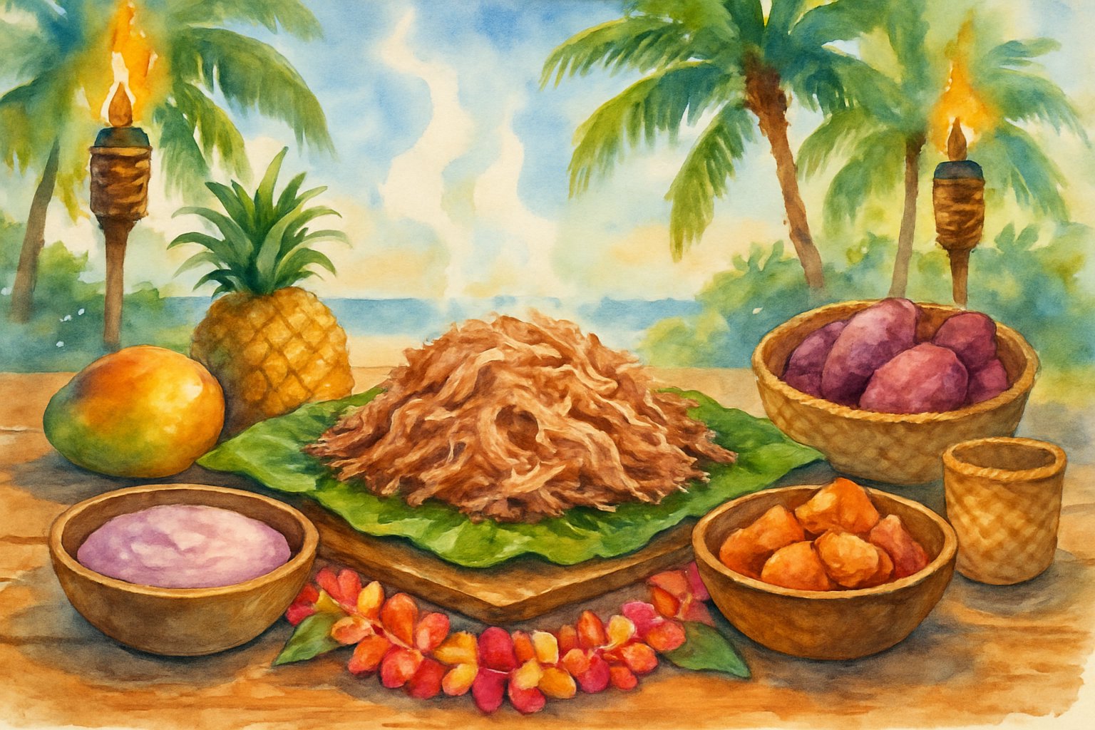 A table outdoors with a platter of shredded pork surrounded by tropical fruits and side dishes, set against palm trees and a clear sky.