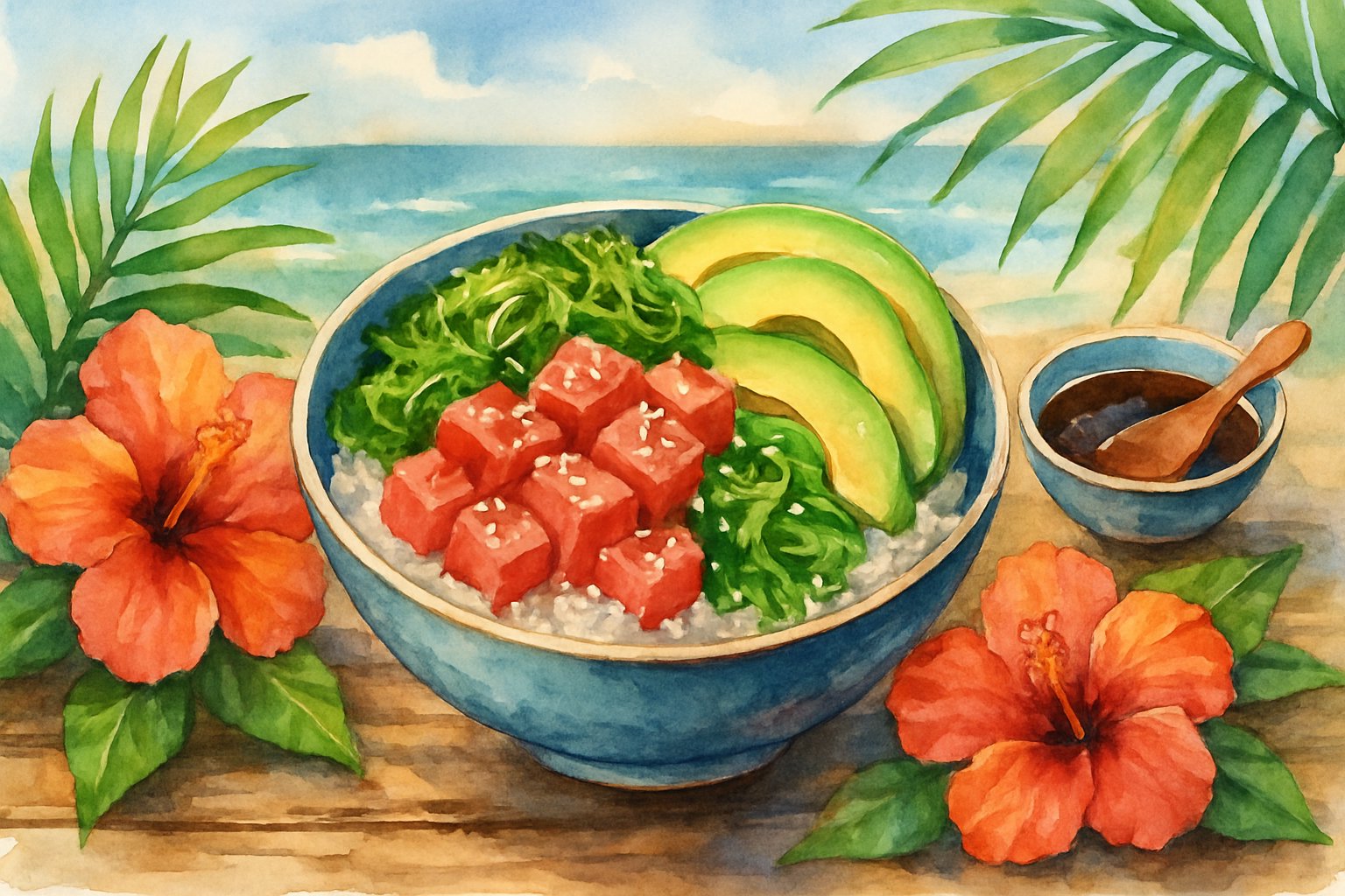 A bowl of fresh poke with diced tuna, seaweed, avocado, and rice on a wooden table, surrounded by tropical flowers and leaves.