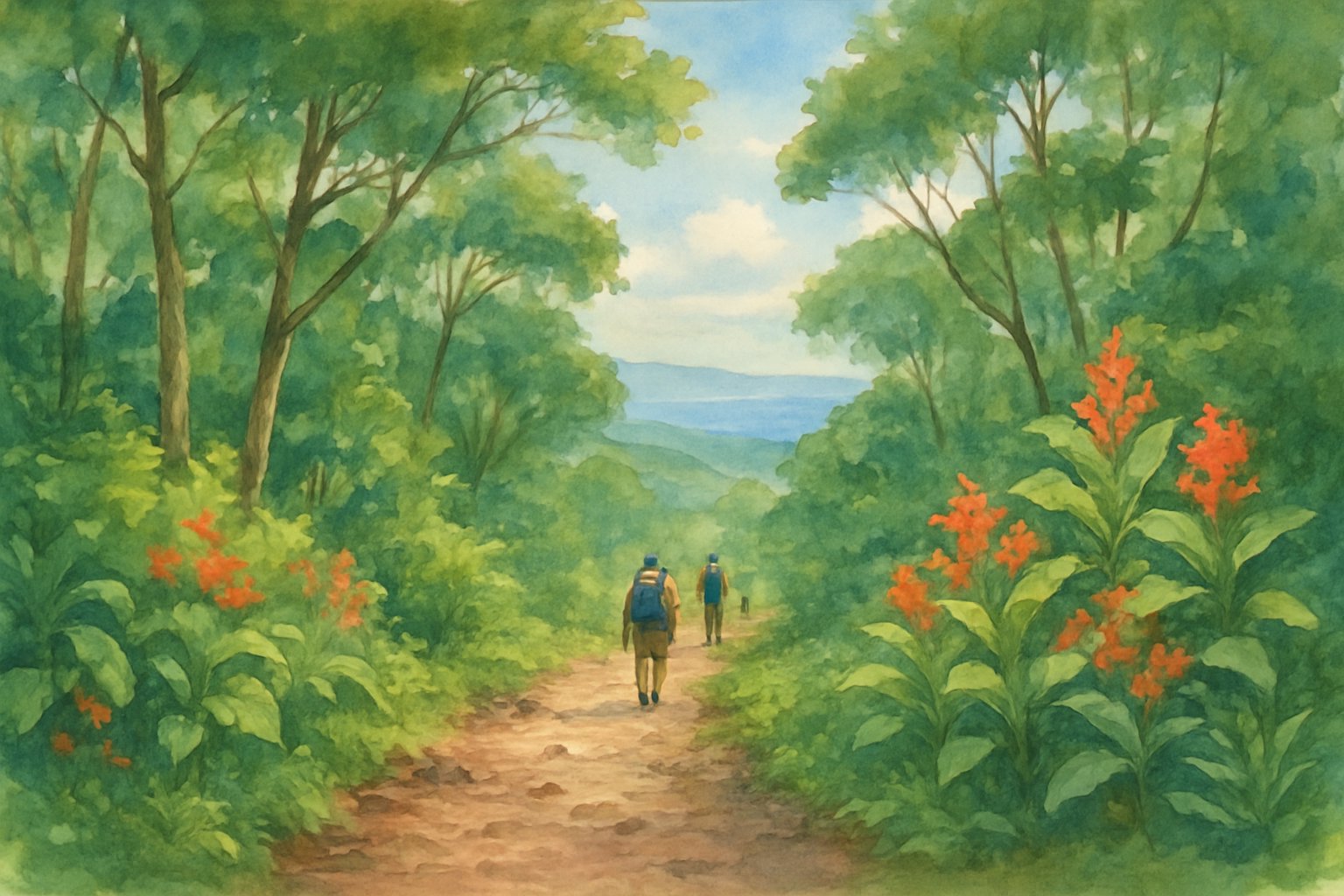 A hiking trail winding through green tropical forest with hikers walking and hills visible in the distance.