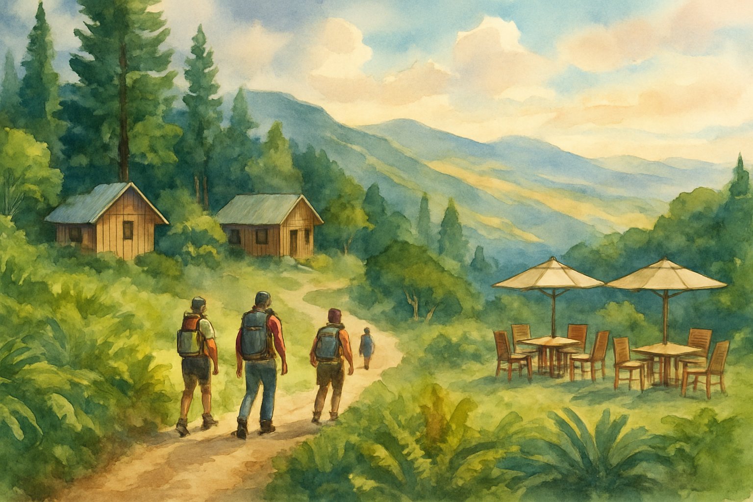 A hiking trail winding through lush greenery with hikers, rustic cabins, and an outdoor dining area surrounded by hills and mountains.