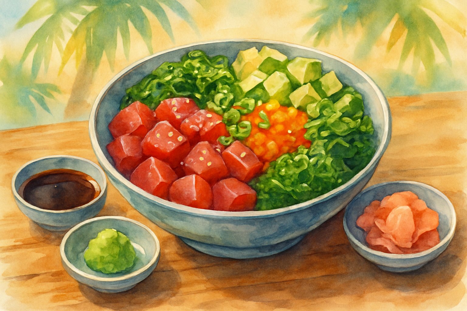 A colorful bowl of poke with raw tuna, avocado, fish roe, green onions, sesame seeds, and seaweed salad on a wooden table with small dishes of soy sauce, wasabi, and pickled ginger, set against a tropical background.