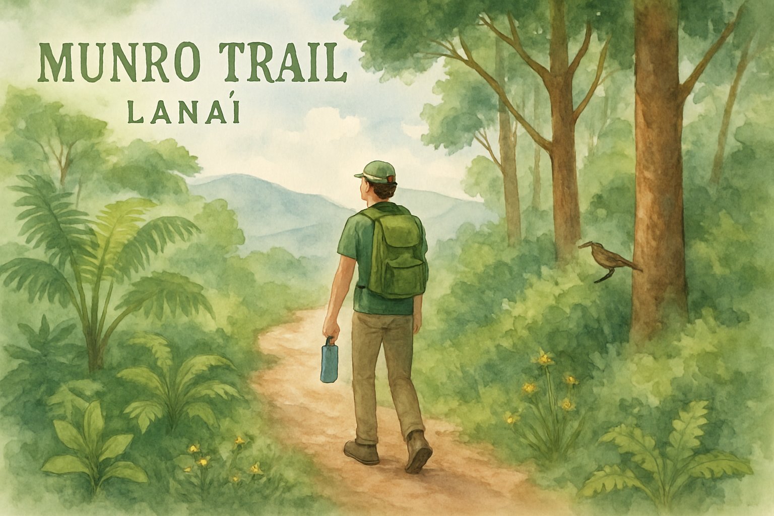 A hiker walking along a green, tree-lined trail with hills and mountains in the distance under a partly cloudy sky.