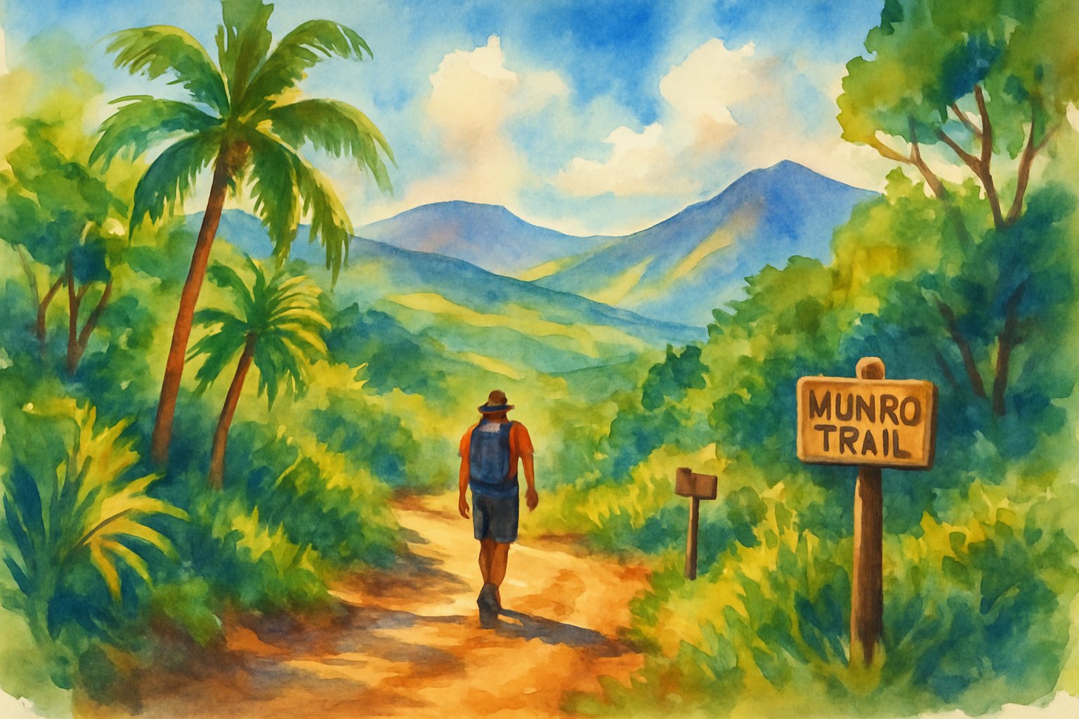 A hiker walking along a winding trail surrounded by tropical plants and hills under a blue sky.