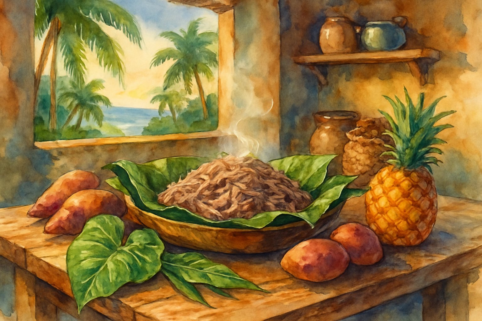A Hawaiian kitchen scene with a wooden table holding a platter of shredded kalua pork wrapped in banana leaves, surrounded by tropical ingredients and greenery with a view of palm trees and the ocean.