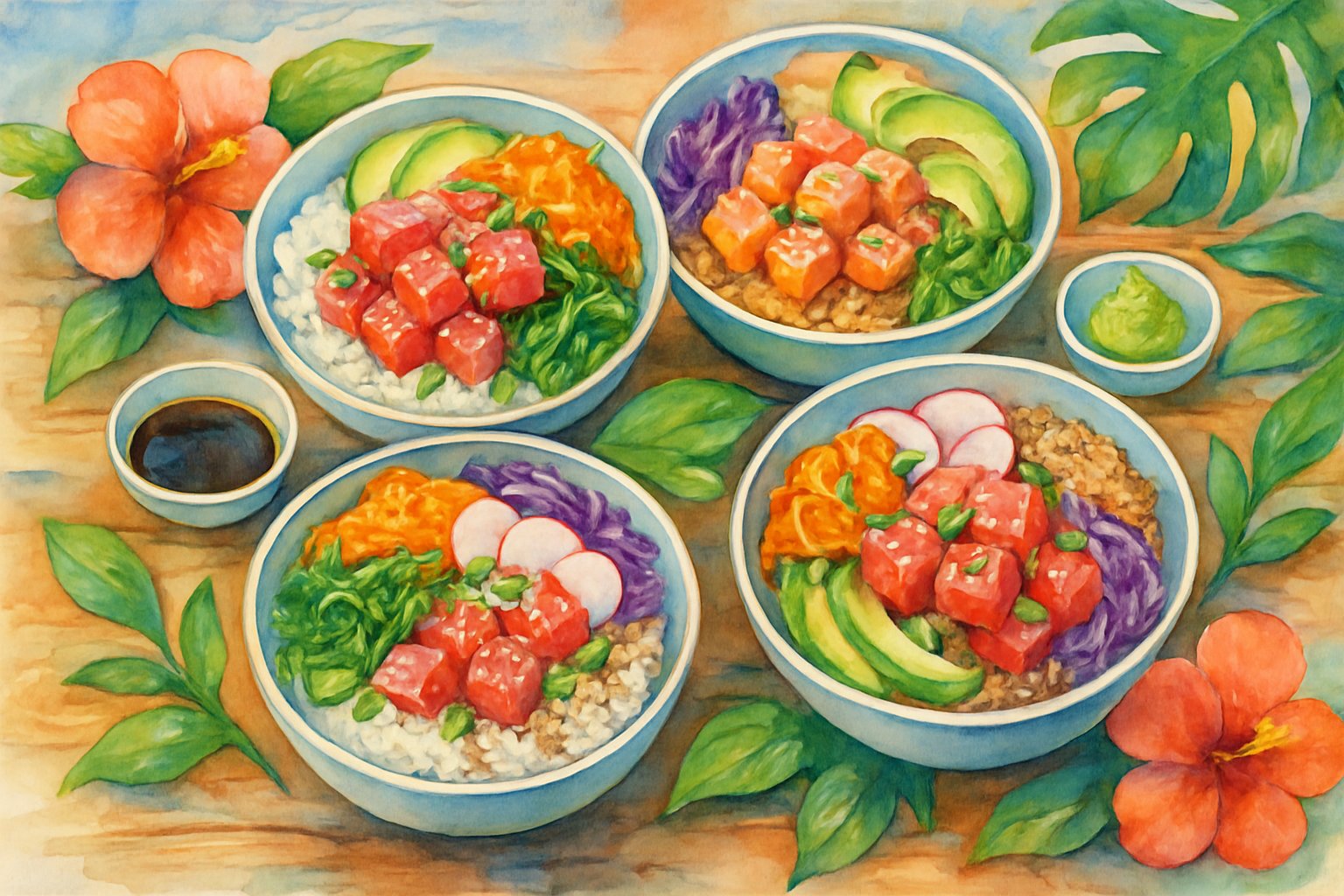 A table with several bowls filled with colorful fresh ingredients like fish, avocado, seaweed, rice, and vegetables, arranged attractively with tropical flowers and small condiment bowls around them.