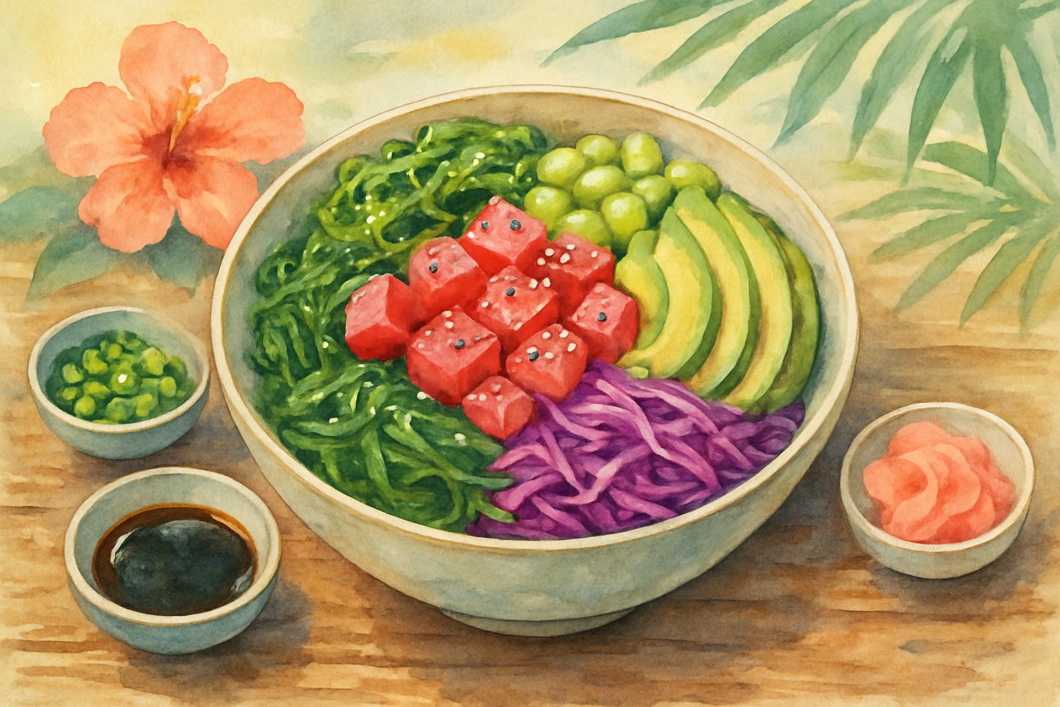 A colorful poke bowl with fresh tuna, avocado, seaweed, and vegetables on a wooden table with small side dishes and tropical plants around it.