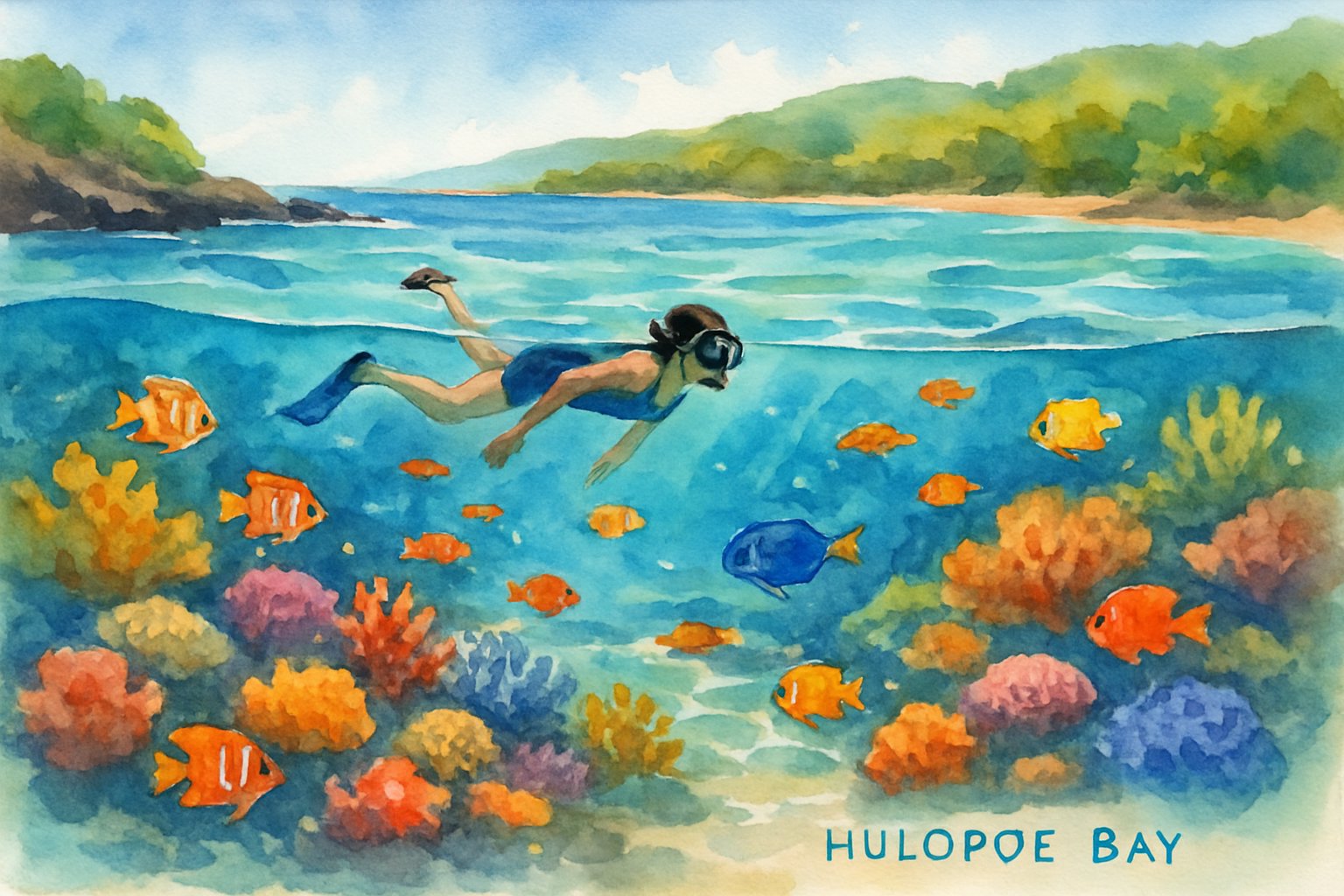 A snorkeler swimming near colorful coral reefs and tropical fish in a clear, calm bay with rocky shorelines and green vegetation.