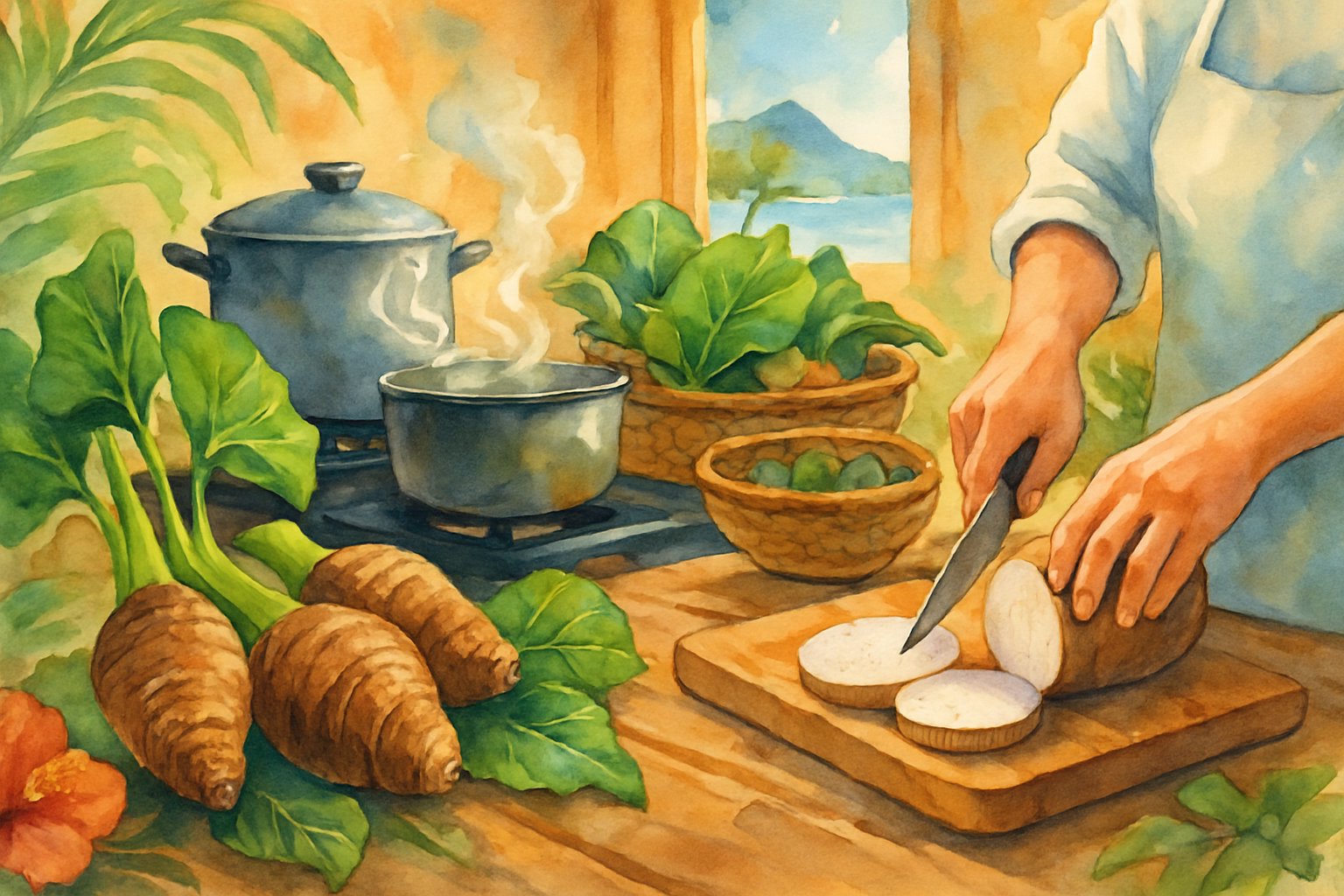 A kitchen scene showing fresh taro roots and leaves on a wooden table with hands preparing taro, surrounded by tropical plants and a window view of the ocean and mountains.