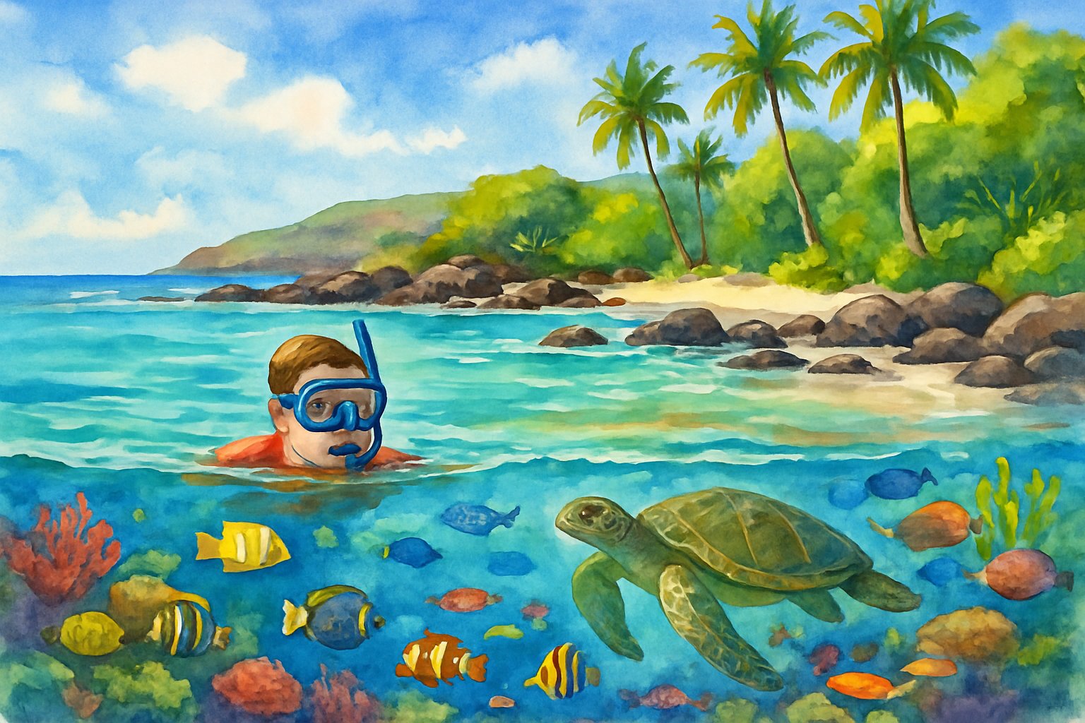 A snorkeler floating near coral reefs in clear turquoise water at a tropical bay with palm trees and rocky shoreline.