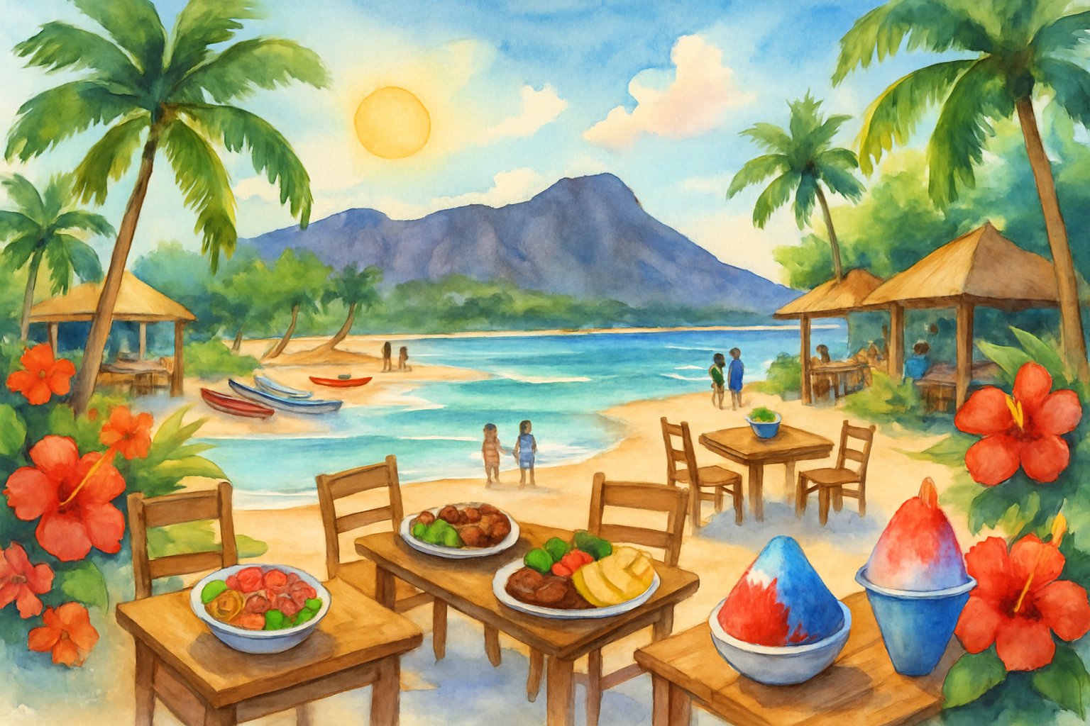 A tropical Hawaiian beach scene with palm trees, colorful flowers, dining tables with traditional Hawaiian food, mountains in the background, and people enjoying the seaside.