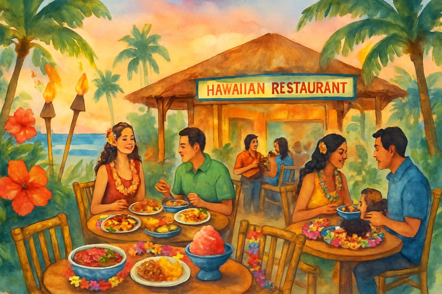 An outdoor Hawaiian restaurant with tropical plants, ocean view, people enjoying traditional Hawaiian food, and a musician playing ukulele.