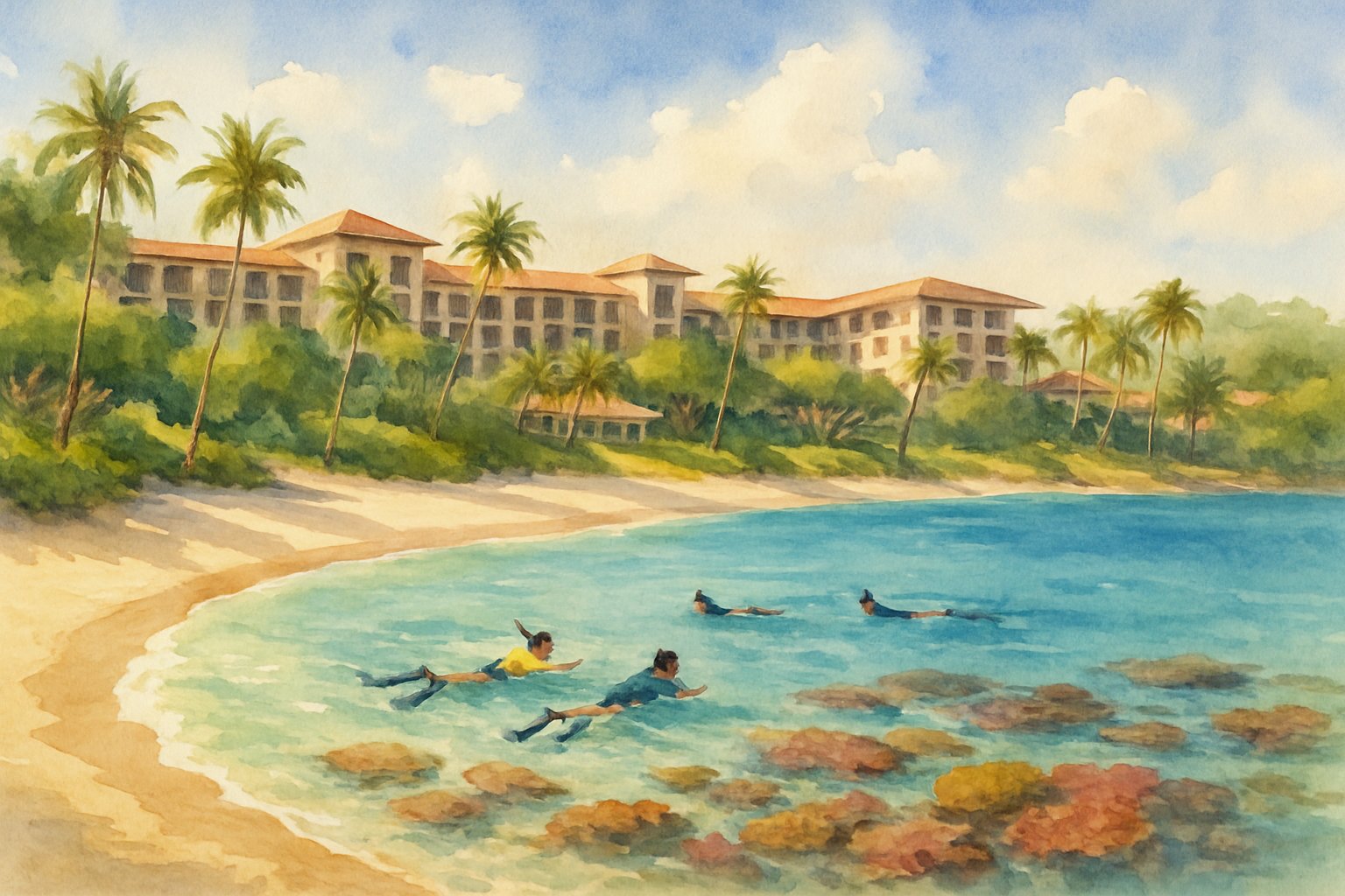 A tropical beach with clear blue water, coral reefs, snorkelers in the water, and resort buildings among palm trees along the shore.