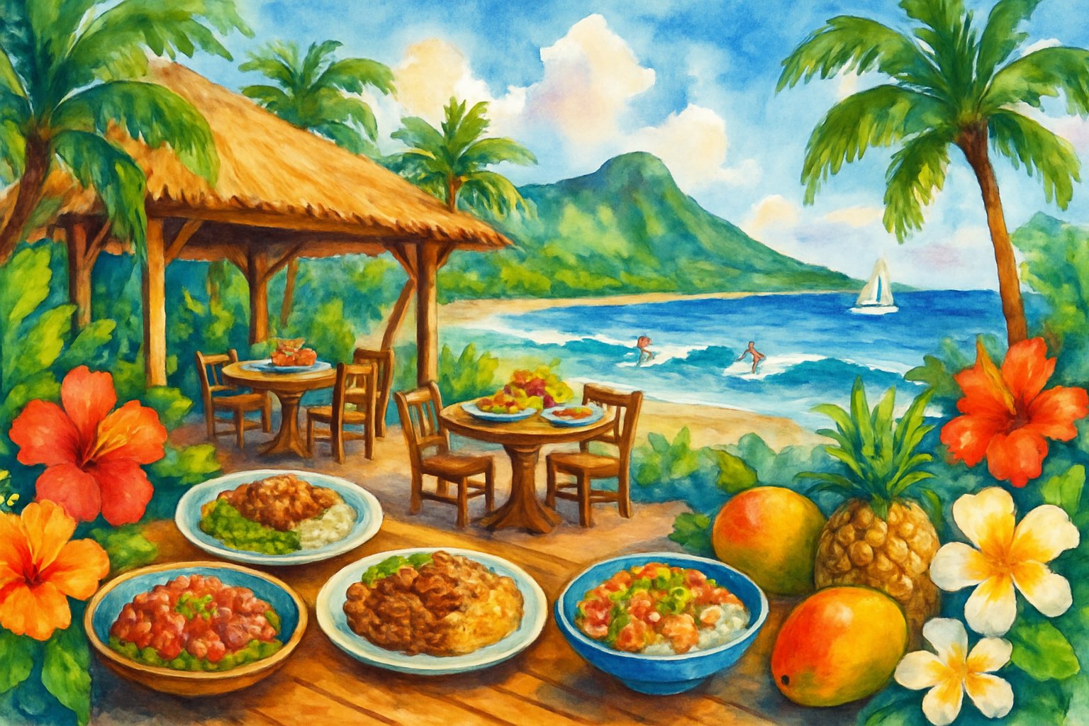 A tropical Hawaiian island scene with a beachside restaurant surrounded by palm trees and flowers, showing tables with seafood and traditional Hawaiian dishes near the ocean.