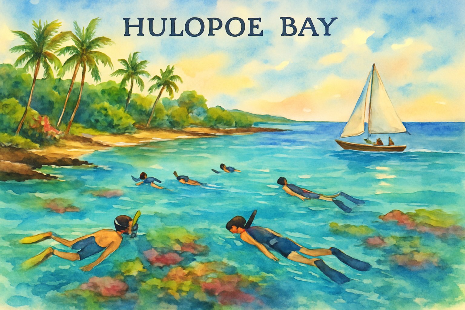 A coastal bay with clear blue water, snorkelers exploring underwater coral reefs, a sailboat on the water, and tropical trees along the shore.