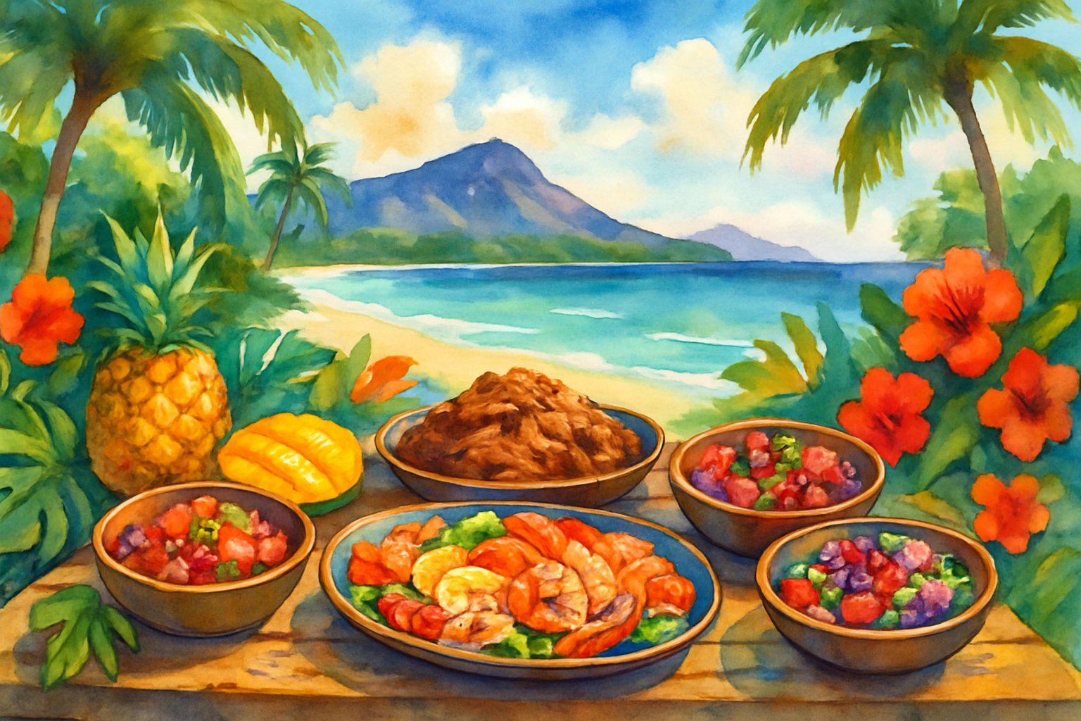 A tropical Hawaiian island scene with a table of traditional Hawaiian dishes surrounded by palm trees, tropical flowers, a beach, and distant mountains.