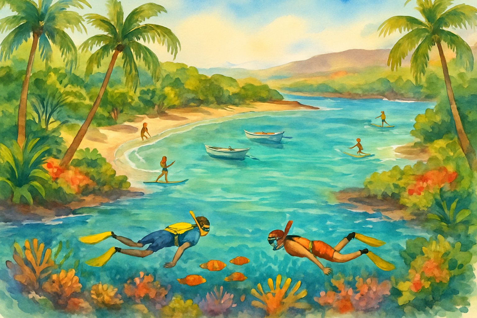 A tropical bay with clear blue water, snorkelers exploring coral reefs, palm trees along the shore, boats on the water, and people paddleboarding and walking on the beach.