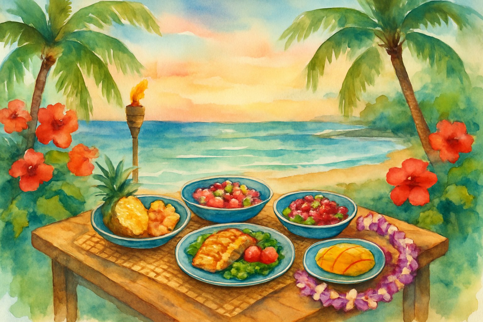 A tropical dining table set with Hawaiian dishes near palm trees by a calm ocean beach at sunset.