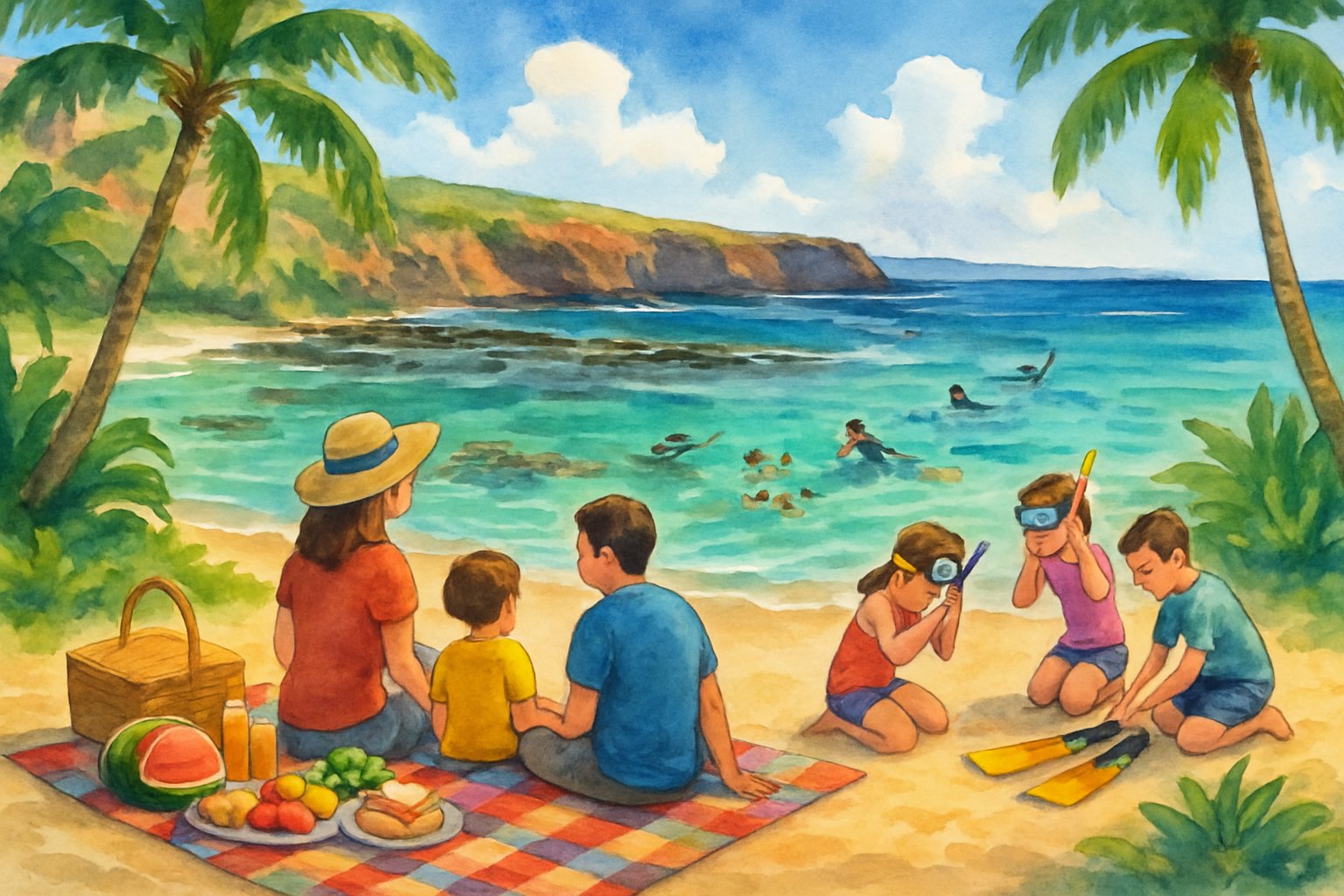 A family having a picnic on the beach near clear blue water where people are snorkeling among coral reefs, surrounded by palm trees and rocky cliffs.