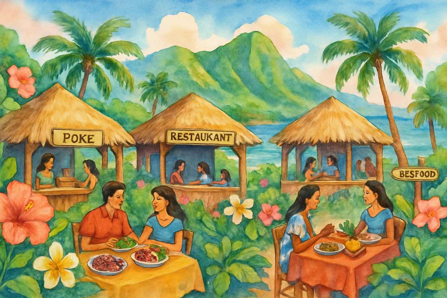 A colorful Hawaiian island scene with tropical flowers, palm trees, open-air dining huts, and people enjoying traditional Hawaiian food by the ocean.