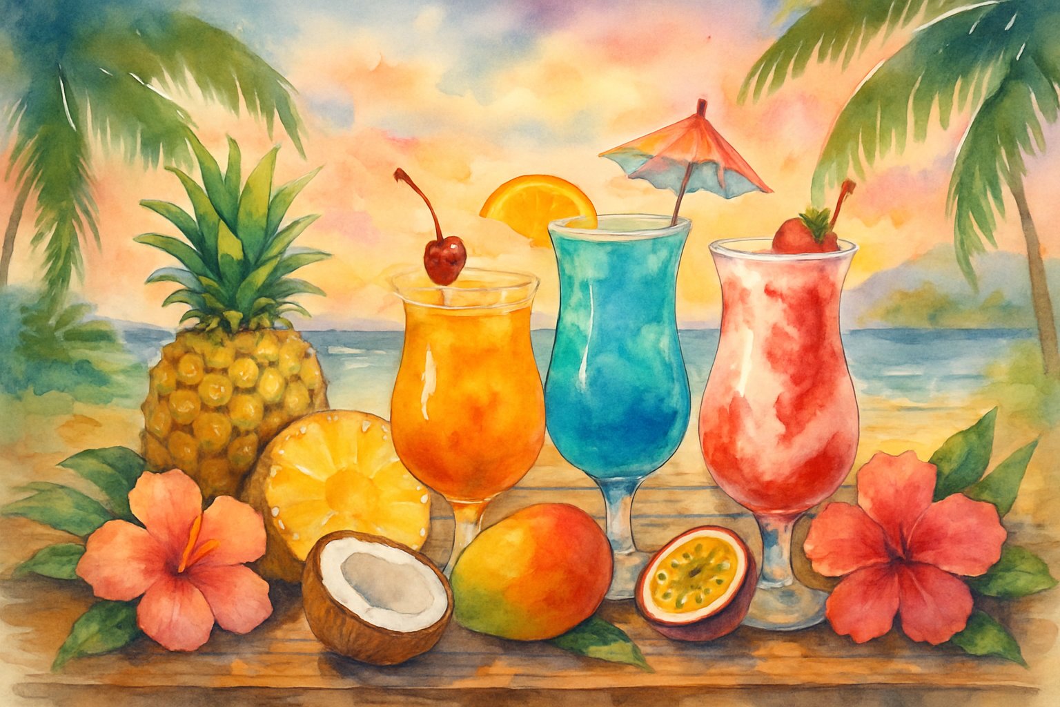 A tropical table with various colorful Hawaiian cocktails surrounded by fresh fruits and palm leaves, set against a beach background with a sunset sky.